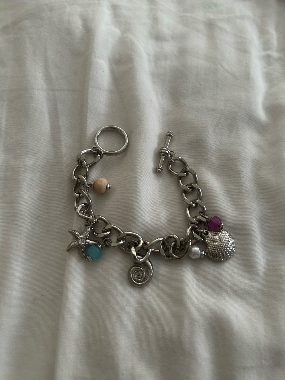 Silver Charm Bracelet with Pink, Turquoise & Pearl Accents